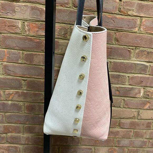 Jimmy Choo East-West Blush & Off White Logo Embossed Leather Twist Tote Bag - Picture 4 of 14